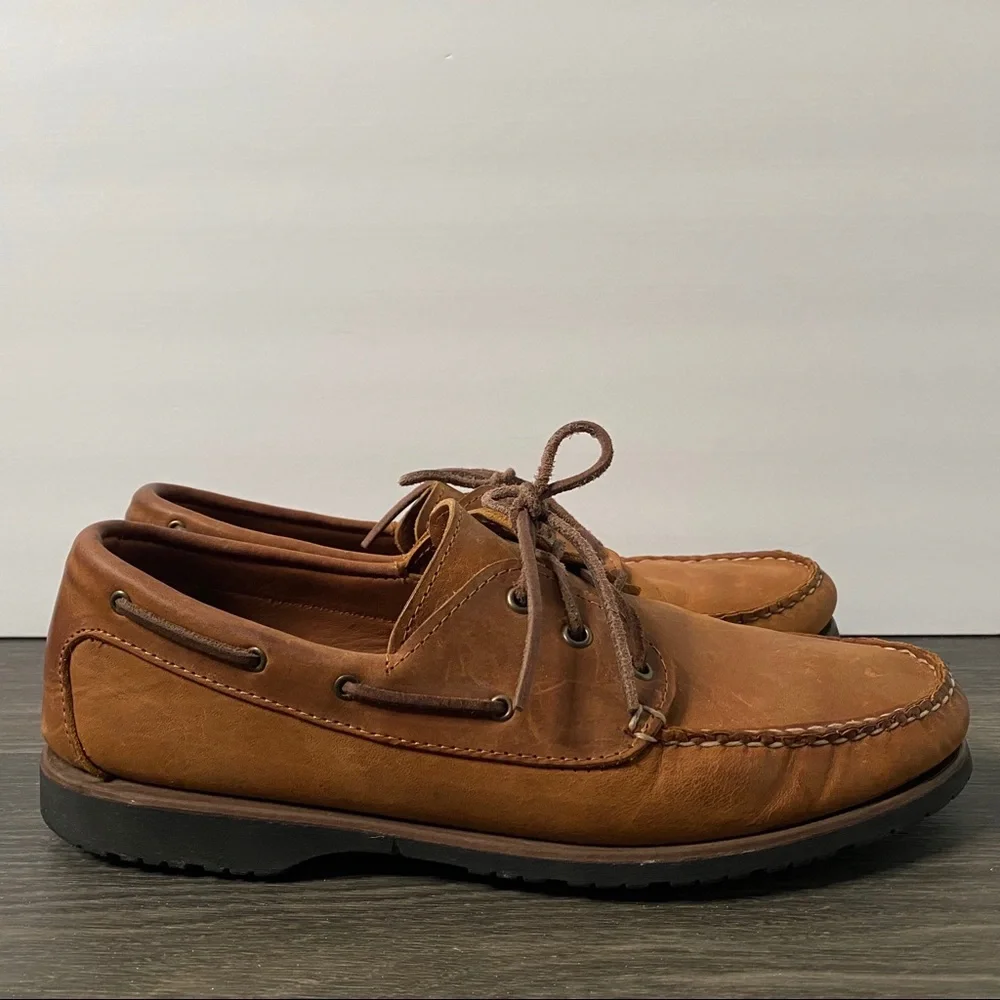 Quoddy Moccasin Boat Shoes Brown Leather Loafers Mens Size 12 Vibram Soles Tread - Picture 3 of 11
